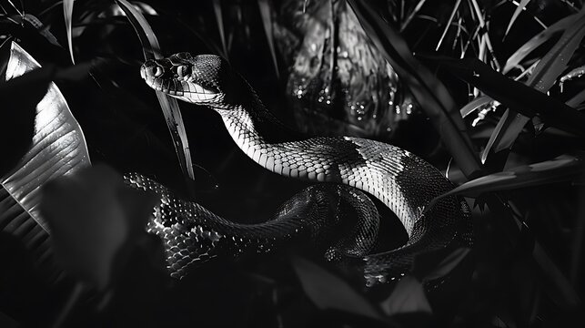 Black white image of a Titanoboa slithering through a jungle at night its silhouette barely visible in the darkness The scene exudes a sense of mystery and danger