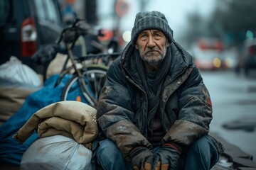 Obraz premium Homeless man sitting on the street.