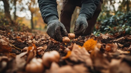Obraz premium Hands Picking Up Autumn Leaves and Acorns in a Forested Landscape