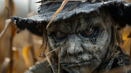 Disturbing Scarecrow with a Sinister Face: A Spooky and Frightening Character