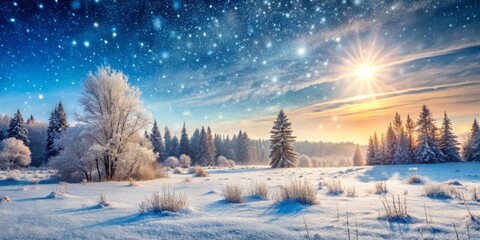 Fototapeta premium Description: Peaceful winter landscape with delicate snowflakes gently settling on the snow-covered meadow