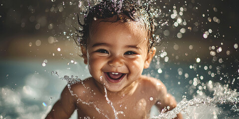 Obraz premium A baby splashing in water, generative AI