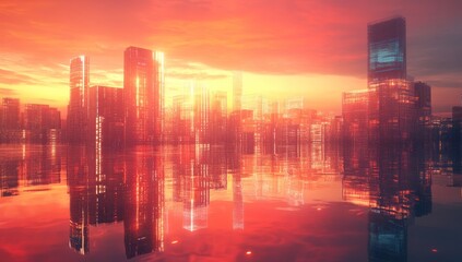 3D rendering of digital construction in the background, red and orange gradient sky with clouds