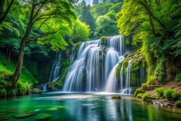 Cascading waterfall hidden power overflows from a lush, vibrant green forest, emphasizing the contrast between the calm water and the dynamic foliage.
