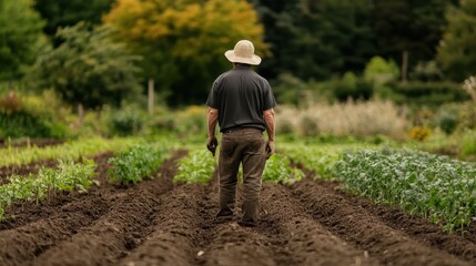 Fototapeta premium Farmer Tending to Vegetable Garden in Idyllic Countryside Setting