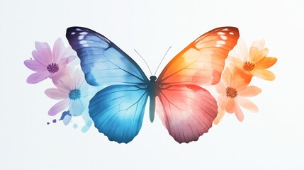 Double exposure of a butterfly resting on flowers, enhanced with watercolor splashes in a rainbow gradient, symbolizing transformation and beauty