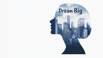 Double exposure of a city skyline with a silhouette of a person looking up, bold text "Dream Big" in modern font, minimalist white background