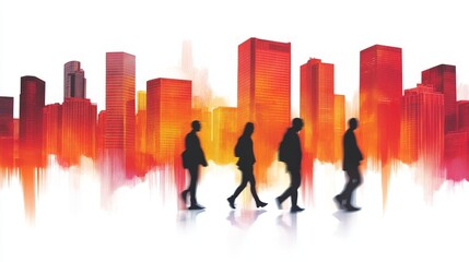 A cityscape with towering skyscrapers covered in vibrant graffiti art, blending with silhouettes of people walking by