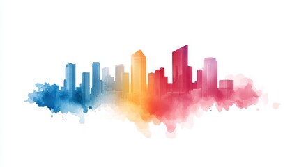 Obraz premium Abstract cityscape merged with a double exposure of colorful watercolor splashes in a rainbow gradient, creating a dreamlike urban fantasy