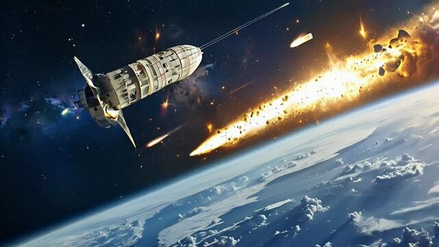 A spacecraft navigating through space with an explosion in the background.