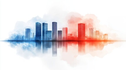 Cityscape with double exposure and abstract watercolor, blending urban elements with fluid colors