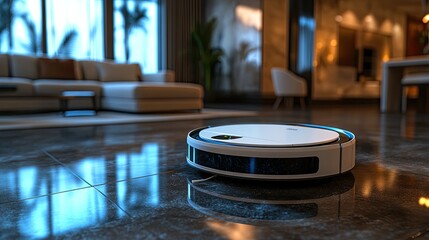 Autonomous cleaning robot with advanced navigation, compact and efficient, in a living room, illuminated by ceiling lights