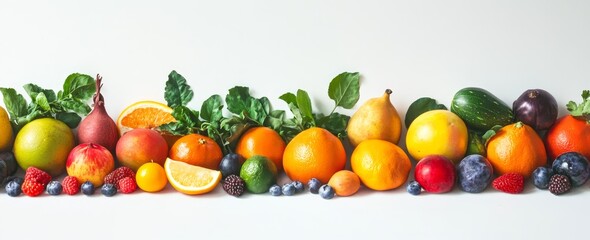 Fresh fruit and vegetables arranged in a colorful row on a white background.