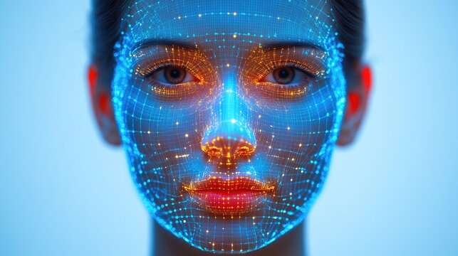 Biometric facial recognition device, sleek and metallic, glowing blue, brightly lit against white