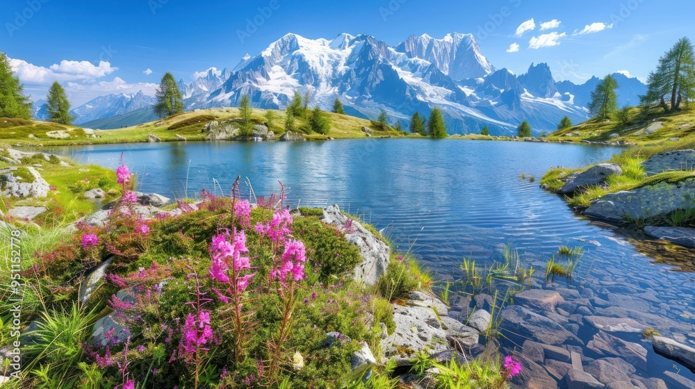 Wall mural Mountain Lake with Pink Flowers