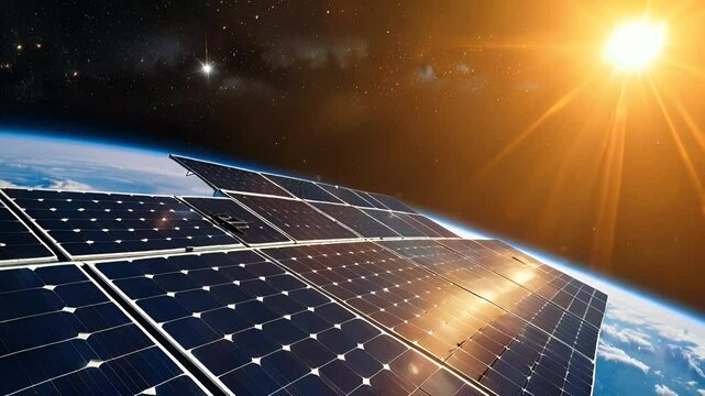 A view of solar panels in space with the sun shining in the background.