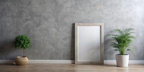Minimalistic mockup featuring a grey wall, plant, and frame, minimalistic, mockup, poster, frame, grey wall, plant