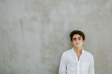 Obraz premium Approachable Simplicity: Boy Against Gray Wall