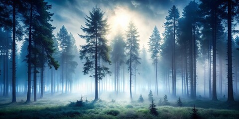 Misty woodland scene with towering trees silhouetted against thick fog, conveying mystery, tranquility, and the passage of time