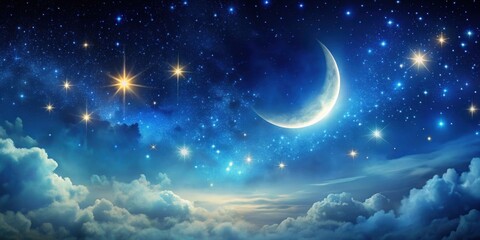 Mystical night sky with a crescent moon and twinkling stars , Sichelmond, night, sky, crescent, moon, stars, mystical