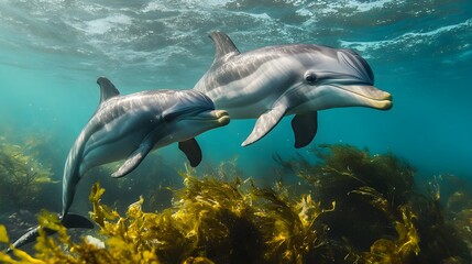 Obraz premium Dolphin Mother and Calf Swimming in Oceanic Ecosystem