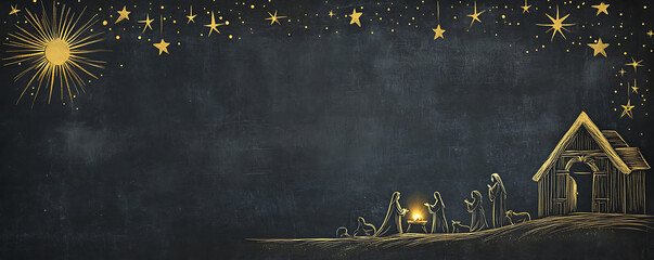 Chalkboard Background: Nativity Scene in White Line Art with Golden Stars, Dark Grey for Christmas Designs