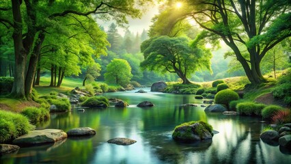 Tranquil landscape with flowing water, serene greens, and meditative ambiance
