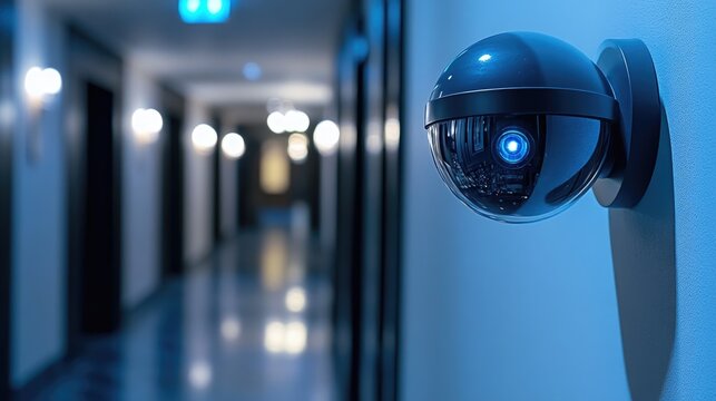 Smart home security system with AI-driven facial recognition and real-time monitoring, sleek cameras, mounted on walls, softly glowing in low light