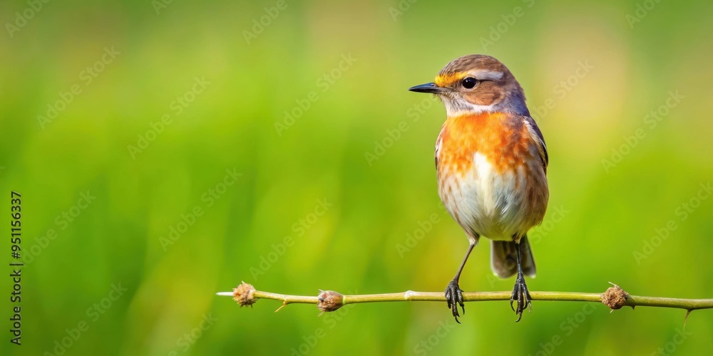 Canvas Prints Small migratory bird perched on a branch in a grassy field, Whinchat, Saxicola, rubetra, bird, migratory, perched, branch