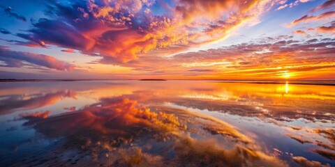 Fototapeta premium Lake Eyre, Australia in the evening, the sky is ablaze with hues of pink, orange, and purple, reflected perfectly in the still waters.