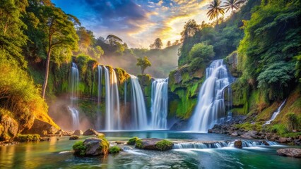 Fototapeta premium Cimarinjung Falls in the morning, panoramic view, showcasing the falls' majesty, in a clear, sharp focus, with a bright, vibrant color palette.