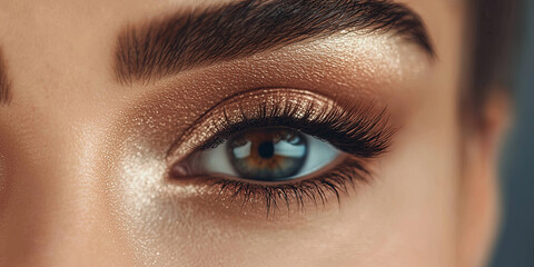 Obraz premium A close up of an elegant woman's eye with long, lush lashes and delicate makeup, generative AI