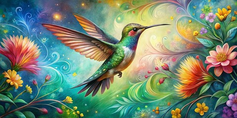 Obraz premium Vibrant painting of a hummingbird in flight surrounded by flowers and swirling patterns