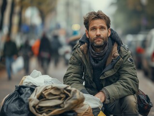 Obraz premium Homeless man sitting on the street.