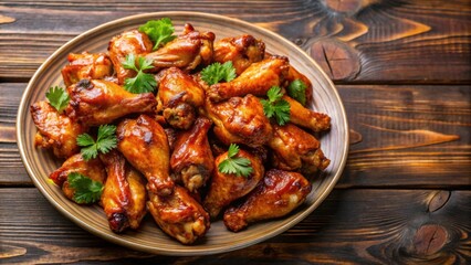 Plate of delicious barbecue chicken wings, barbecue, chicken, wings, grilled, drumsticks, tomato sauce, baked