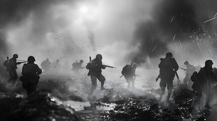 Black white theme of a rainsoaked battlefield at dawn with US soldiers advancing through the mud and smoke Their faces show a mixture of fear and resolve as they prepare for the next assault