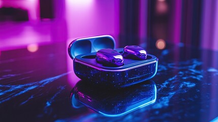 Wireless earbuds, tiny and ergonomic, placed on a black marble surface, under soft blue lighting