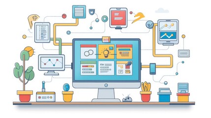 Cartoon vector automated workflow system with streamlined task management and notifications