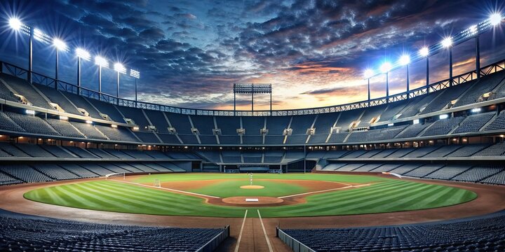 Empty, serene baseball stadium at night with detailed architecture and expansive seating