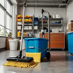 Cleaning services process and equipment hq images, mops, brushes, bucket