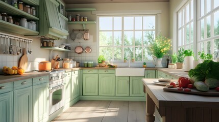 Cozy farmhouse kitchen featuring fresh produce baking ingredients and sunlight through windows Country chic soft pastels distressed wood details 3D-rendered interior