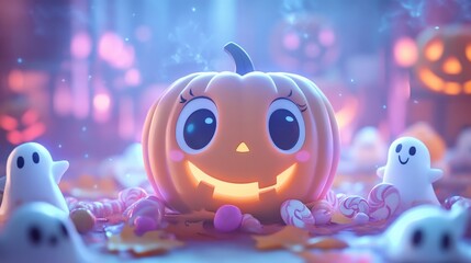 Cute, glowing Jack-o'-lantern surrounded by friendly ghost decorations in a festive, cozy Halloween setting with a soft, warm ambiance.