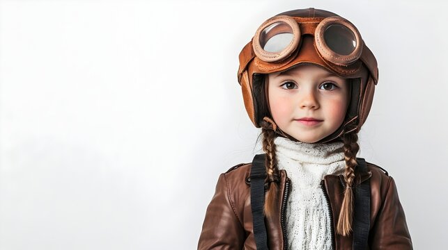 Aspiring Young Pilot in Aviator Gear Against Clean White Backdrop