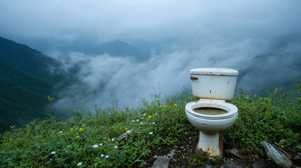 Alpine aroma bathroom air freshener concept. The toilet sits on an alpine mountain surrounded by alpine grasses