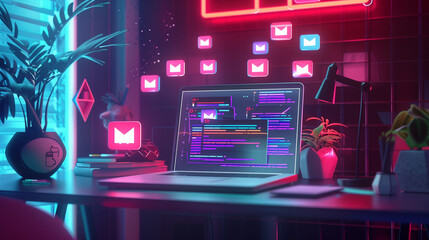 Laptop on a desk with floating email icons in a neon-lit modern office