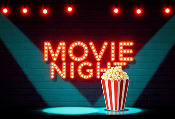 Movie night neon text with popcorn paper box illustration