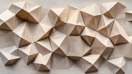 Background image of a textured wall with wooden geometric polygonal shapes protruding out in a 3d high-end wall art installation. Geometric. Illustration