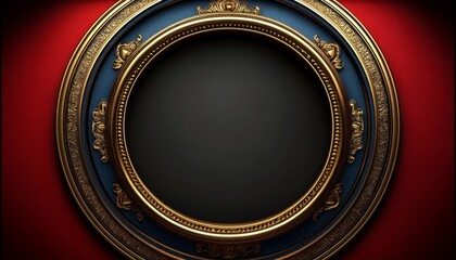 Ornate Golden Frame with Blue Accents on Red Background