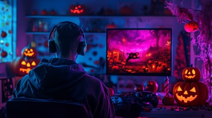 Gamer playing video game at a Halloween-themed gaming setup with glowing pumpkins and spooky decorations in a dark room.