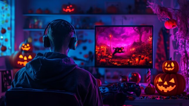 Gamer playing video game at a Halloween-themed gaming setup with glowing pumpkins and spooky decorations in a dark room.